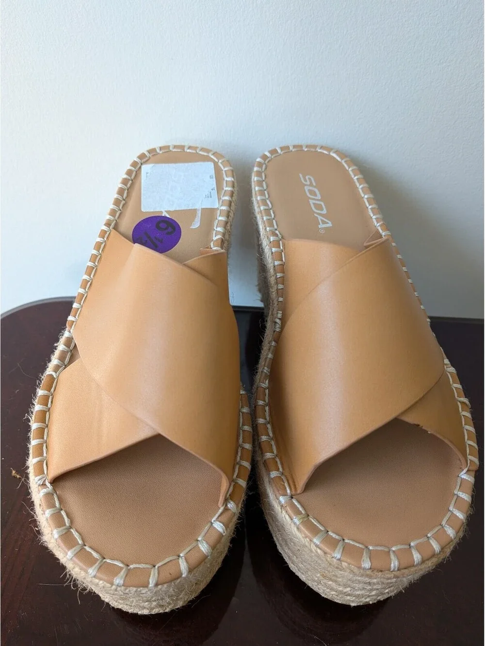 Soda Platform tan crisscross espadrille wedge slide sandals size 6.5 fall summer